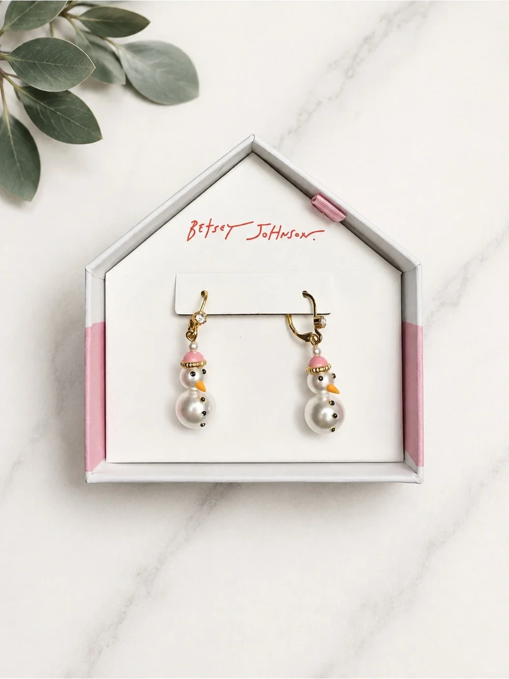Betsey Johnson Pink Pearl Snowman Drop Earrings NWT